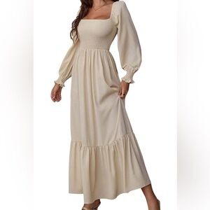 Women's Square Neck Long Puff Sleeve Smocked Pleated A-Line Flared Dress